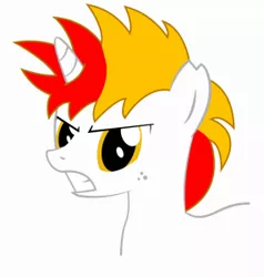 Size: 286x300 | Tagged: artist needed, safe, derpibooru import, oc, oc:shimmering blaze, unofficial characters only, pony, unicorn, freckles, simple background, solo, torn ear