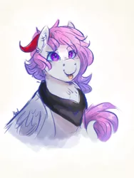 Size: 1800x2400 | Tagged: safe, artist:mad-maker-cat, derpibooru import, oc, pegasus, pony, bust, female, horns, mare, portrait, solo, tongue out