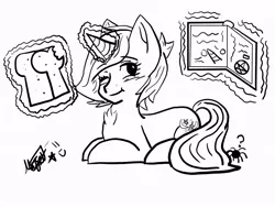 Size: 800x600 | Tagged: safe, artist:max rider, derpibooru import, oc, oc:stellar dust, pony, unicorn, black and white, book, bread, chest fluff, dark magic, eating, female, food, glowing horn, grayscale, horn, levitation, lineart, magic, mare, monochrome, original, prone, signature, simple background, sketch, solo, telekinesis, white background