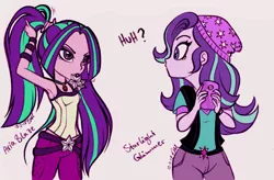 Size: 2234x1469 | Tagged: safe, artist:nadairead, derpibooru import, aria blaze, starlight glimmer, equestria girls, armpits, beanie, clothes, confused, hat, mobile phone, phone, sleeveless, smartphone, tanktop