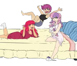 Size: 1383x1185 | Tagged: safe, artist:chango-tan, color edit, derpibooru import, edit, apple bloom, scootaloo, sweetie belle, human, armpits, barefoot, bed, clothes, colored, cutie mark crusaders, feet, humanized, jumping on the bed, light skin, looking at you, midair, midriff, nightgown, one eye closed, open mouth, pajamas, peace sign, pillow, plushie, prone, shorts, simple background, sitting, slippers, smiling, socks, tan, tanktop, the ass was fat, tongue out, transparent background, wink