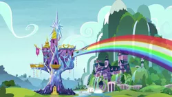 Size: 1920x1080 | Tagged: safe, derpibooru import, screencap, rainbow dash, pegasus, pony, the last laugh, female, flying, hill, mare, rainbow trail, school of friendship, solo, speed trail, twilight's castle, waterfall