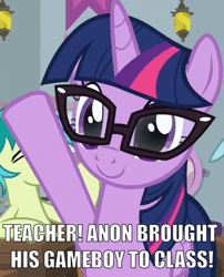 Size: 519x641 | Tagged: safe, derpibooru import, edit, edited screencap, screencap, ocellus, sandbar, sci-twi, twilight sparkle, twilight sparkle (alicorn), alicorn, earth pony, pony, equestria hills 90210, adorkable, beverly hills 90210, bored, caption, cropped, cute, dialogue, dork, female, game boy, glasses, i can't believe it's not sci-twi, image macro, implied anon, male, mare, offscreen character, parody, raised hoof, smiling, snitch, solo focus, tattletale, text, twiabetes, video game