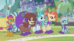 Size: 1280x720 | Tagged: safe, derpibooru import, screencap, buddy, creamy nougat, gooseberry, lighthoof, ocellus, royal riff, shimmy shake, smolder, summer meadow, sunshower raindrops, yona, earth pony, pegasus, pony, unicorn, 2 4 6 greaaat, background pony, background pony audience, cheerleader ocellus, cheerleader outfit, cheerleader smolder, cheerleader yona, clothes, female, filly, friendship student, male, mare, stallion