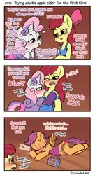 Size: 1328x2437 | Tagged: suggestive, artist:soulcentinel, derpibooru import, apple bloom, scootaloo, sweetie belle, earth pony, pegasus, pony, semi-anthro, unicorn, bipedal, cider mug, clothes, comic, cutie mark crusaders, dialogue, drunk, drunk filly, drunkaloo, drunker belle, drunker bloom, drunker cmc, drunkie belle, female, filly, implied bisexual, lesbian, licking, mlem, mug, overalls, shipping, shorts, silly, sleep talking, sleeping, sports shorts, sweetiebloom, tanktop, tongue out, underaged drinking