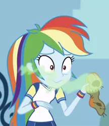 Size: 716x827 | Tagged: safe, derpibooru import, screencap, rainbow dash, equestria girls, equestria girls series, sock it to me, sock it to me: bulk biceps, spoiler:choose your own ending (season 2), spoiler:eqg series (season 2), disgusted, faic, female, foot odor, smelly, smelly sock, sock, solo, wavy mouth