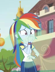 Size: 629x827 | Tagged: safe, derpibooru import, screencap, rainbow dash, equestria girls, equestria girls series, sock it to me, sock it to me: bulk biceps, spoiler:choose your own ending (season 2), spoiler:eqg series (season 2), cropped, female, foot odor, holding nose, not a fart, plugged nose, smelly, smelly sock, solo