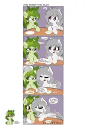 Size: 1451x2000 | Tagged: safe, artist:freefraq, derpibooru import, oc, oc:flower, oc:lai chi, pony, 4koma, comic, cute, kiss on the cheek, kissing