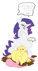 Size: 453x843 | Tagged: source needed, suggestive, artist:elslowmo, artist:purplekecleon, derpibooru import, fluttershy, rarity, pegasus, pony, unicorn, blushing, faceful of ass, facesitting, female, flutterseat, lesbian, mud, prize on the eyes, raridom, raritys personal seat fluttershy, simple background, sitting, sitting on, sitting on person, sitting on pony, speech bubble, white background