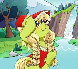 Size: 436x389 | Tagged: safe, artist:yukandasama, derpibooru import, granny smith, earth pony, pony, bonnet, braid, clothes, female, hat, mare, one-piece swimsuit, smiling, solo, swimsuit, tree, twin braids, waterfall, young granny smith, younger