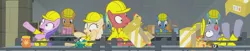 Size: 3580x732 | Tagged: safe, composite screencap, derpibooru import, edit, edited screencap, screencap, earth pony, frog, pony, the last laugh, 8 ball, assembly line, boxes, factory, female, gag factory, hard hat, jar, male, mare, package, panorama, rubber chicken, slipping, stallion, toy, worker