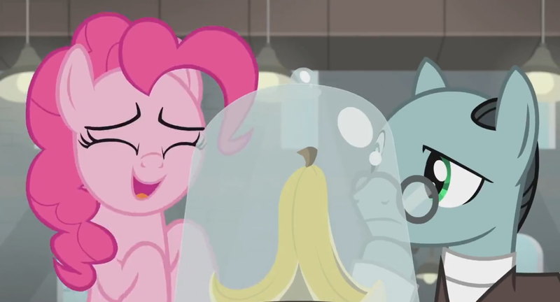 Size: 1366x738 | Tagged: safe, derpibooru import, screencap, pinkie pie, sans smirk, pony, the last laugh, balcony, banana peel, bell jar, clothes, factory, gag factory, glasses, happy, lights, smiling, suit, thinking