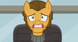 Size: 1366x738 | Tagged: safe, derpibooru import, screencap, cheese sandwich, pony, the last laugh, alternate hairstyle, chair, clothes, factory, frightened, gag factory, solo, sweater