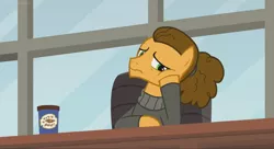 Size: 1360x740 | Tagged: safe, derpibooru import, screencap, cheese sandwich, pony, the last laugh, chair, depressed, hair bun, hoof on cheek, peanut brittle, sad, solo, written equestrian