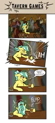 Size: 2255x4975 | Tagged: safe, artist:helmie-art, derpibooru import, oc, oc:flower skies, unofficial characters only, earth pony, pony, comic, dialogue, drinking, drinking contest, drunk, female, mare, passed out, solo focus, tankard, tavern, word bubble