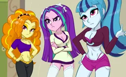 Size: 1400x860 | Tagged: suggestive, artist:ta-na, derpibooru import, adagio dazzle, aria blaze, sonata dusk, equestria girls, bangs, belly button, bracelet, breasts, busty aria blaze, busty sonata dusk, canterlot high, choker, cleavage, clothes, crossed arms, eyeshadow, female, females only, hand on hip, hands on hip, high ponytail, jewelry, makeup, necklace, no pants, panties, pigtails, ponytail, scrunchie, sexy, shorts, the dazzlings, thong, trio, twintails, underwear