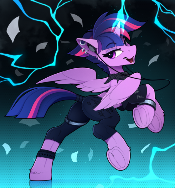 Size: 2100x2255 | Tagged: safe, artist:yakovlev-vad, derpibooru import, twilight sparkle, twilight sparkle (alicorn), alicorn, pony, alternate hairstyle, bad student, badass, bracelet, butt, clothes, female, growling, jewelry, lightning, mare, pants, piercing, plot, punklight sparkle, scarf, see-through, solo, tail holder, twibutt, underhoof