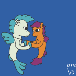 Size: 800x800 | Tagged: safe, artist:vohd, derpibooru import, scootaloo, terramar, pony, seapony (g4), animated, bubble, dancing, female, frame by frame, male, shipping, simple background, straight, terraloo, underwater