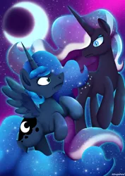 Size: 2480x3508 | Tagged: safe, artist:asinglepetal, derpibooru import, nightmare rarity, princess luna, alicorn, pony, unicorn, ethereal mane, female, mare, moon