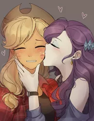 Size: 1400x1800 | Tagged: safe, artist:tcn1205, derpibooru import, applejack, rarity, human, equestria girls, blushing, clothes, cute, daaaaaaaaaaaw, female, humanized, jackabetes, kiss on the cheek, kissing, lesbian, lipstick, pony coloring, raribetes, rarijack, shipping