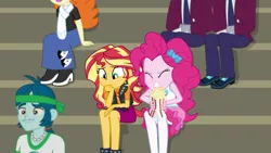 Size: 1280x720 | Tagged: safe, derpibooru import, screencap, captain planet, golden hazel, marco dafoy, pinkie pie, sunset shimmer, track starr, equestria girls, equestria girls series, sock it to me, spoiler:choose your own ending (season 2), spoiler:eqg series (season 2), background human, bleachers, clothes, crystal prep academy uniform, eyes closed, female, food, geode of empathy, legs, magical geodes, male, offscreen character, pantyhose, popcorn, school uniform, shoes, sock it to me: trixie