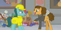 Size: 1366x684 | Tagged: safe, derpibooru import, screencap, cheese sandwich, sans smirk, pony, the last laugh, alternate hairstyle, clothes, factory, gag factory, hard hat, smiling, sweater, toy, uniform, worker