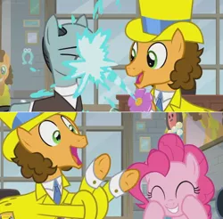 Size: 1364x1342 | Tagged: safe, derpibooru import, edit, edited screencap, screencap, cheese sandwich, pinkie pie, sans smirk, pony, the last laugh, clothes, comic, elastic, factory, flower, gag factory, glasses, happy, hat, office, screencap comic, smiling, spray, suit, tied up, top hat, tuxedo, water