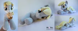 Size: 1407x568 | Tagged: safe, artist:meplushyou, derpibooru import, derpy hooves, human, pegasus, pony, female, food, hand, happy, holding a pony, irl, irl human, looking at you, lying down, magnet, mare, muffin, photo, plushie, smiling, underhoof