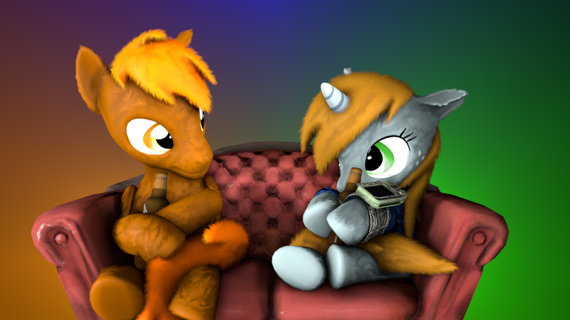 Size: 2000x1125 | Tagged: safe, artist:fic-flix, derpibooru import, oc, oc:calamity, oc:littlepip, unofficial characters only, pegasus, pony, unicorn, fallout equestria, fanfic, 3d, bottle, clothes, couch, dashite, duo, fallout, fanfic art, female, fluffy, freckles, gradient background, hooves, horn, male, mare, photoshop, pipbuck, piplamity, sitting, source filmmaker, stallion, vault suit, wings