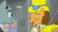 Size: 1366x742 | Tagged: safe, derpibooru import, screencap, cheese sandwich, sans smirk, pony, the last laugh, clothes, factory, gag factory, glasses, hat, lights, suit, top hat, tuxedo