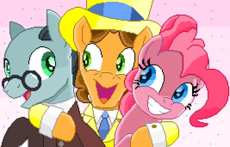 Size: 5874x3762 | Tagged: safe, artist:superhypersonic2000, derpibooru import, cheese sandwich, pinkie pie, sans smirk, pony, the last laugh, absurd resolution, clothes, group hug, hat, hug, pink background, pixel art, simple background, smiling, suit, top hat, tuxedo