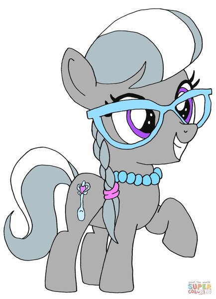 Size: 760x1050 | Tagged: artist needed, safe, derpibooru import, edit, editor:undeadponysoldier, silver spoon, earth pony, pony, colored, cute, female, filly, glasses, happy, jewelry, necklace, pearl necklace, raised hoof, smiling, solo