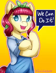 Size: 2550x3300 | Tagged: safe, artist:floralshitpost, derpibooru import, torque wrench, pony, rainbow roadtrip, atorqueable, clothes, cute, heart eyes, open mouth, rosie the riveter, simple background, solo, we can do it!, wingding eyes, yellow background