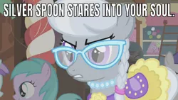 Size: 641x362 | Tagged: safe, derpibooru import, edit, edited screencap, editor:undeadponysoldier, screencap, aura (character), liza doolots, petunia, silver spoon, tootsie flute, tornado bolt, earth pony, pony, call of the cutie, angry, caption, clothes, creepy, dress, female, filly, glasses, image macro, jewelry, looking at you, necklace, pearl necklace, staring into your soul, sugarcube corner, teeth, text