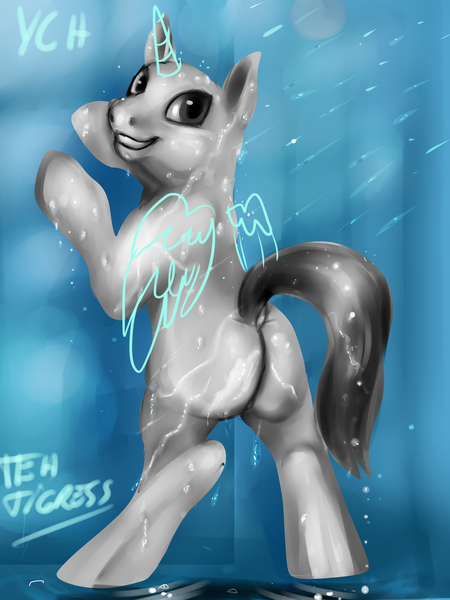 Size: 3000x4000 | Tagged: suggestive, artist:tehtigress, derpibooru import, pony, advertisement, auction, bath, bid, butt, commission, digital art, full body, lineless, looking at you, plot, sketch, smiley face, solo, water, wet, your character here