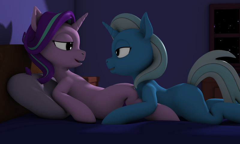 Size: 2500x1500 | Tagged: questionable, artist:argos90, derpibooru import, starlight glimmer, trixie, pony, unicorn, 3d, bedroom eyes, female, females only, imminent sex, lesbian, mare, shipping, starlight's room, startrix