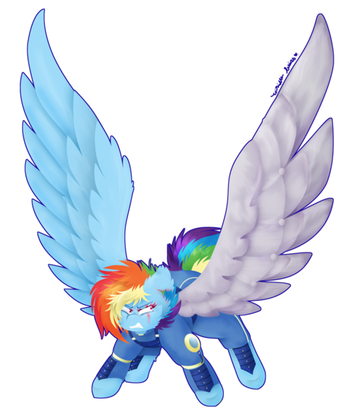 Size: 833x959 | Tagged: safe, artist:vanillaswirl6, derpibooru import, rainbow dash, pony, the cutie re-mark, alternate timeline, alternate universe, amputee, apocalypse dash, artificial wings, augmented, crystal war timeline, female, large wings, mechanical wing, prosthetics, redraw, simple background, solo, spread wings, transparent background, wings