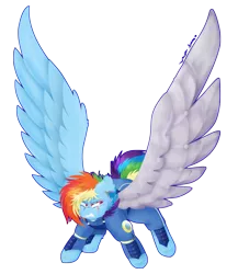 Size: 833x959 | Tagged: safe, artist:vanillaswirl6, derpibooru import, rainbow dash, pony, the cutie re-mark, alternate timeline, alternate universe, amputee, apocalypse dash, artificial wings, augmented, crystal war timeline, female, large wings, mechanical wing, prosthetics, redraw, simple background, solo, spread wings, transparent background, wings