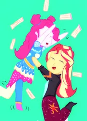 Size: 540x751 | Tagged: safe, artist:samyvillaly, derpibooru import, pinkie pie, sunset shimmer, equestria girls, equestria girls series, sunset's backstage pass!, spoiler:eqg series (season 2), churros, cute, food