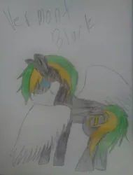 Size: 669x880 | Tagged: safe, alternate version, artist:orozcomallela, derpibooru import, oc, oc:vermont black, unofficial characters only, earth pony, pony, crying, frown, looking down, male, scarfless monty, solo, stallion, traditional art, wings