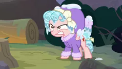 Size: 1920x1080 | Tagged: safe, derpibooru import, screencap, cozy glow, pegasus, pony, frenemies (episode), angry, clothes, cozy glow is not amused, female, filly, foal, forest, hat, log, solo, tree stump, winter outfit