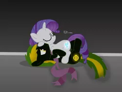 Size: 2048x1536 | Tagged: dead source, safe, artist:rogelio, derpibooru import, rarity, oc, oc:vermont black, earth pony, pony, unicorn, base used, canon x oc, clothes, couple, female, glowing cutie mark, lying on top of someone, male, mare, scarf, shipping, stallion