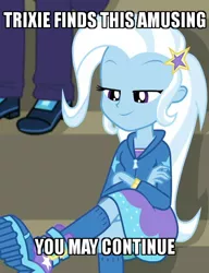 Size: 500x650 | Tagged: safe, derpibooru import, edit, edited screencap, screencap, marco dafoy, trixie, equestria girls, equestria girls series, sock it to me, spoiler:choose your own ending (season 2), spoiler:eqg series (season 2), bleachers, boots, clothes, crossed legs, female, kneesocks, offscreen character, shoes, smug, sock it to me: trixie, socks