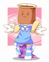Size: 2000x2500 | Tagged: safe, artist:etoz, derpibooru import, oc, oc:paper bag, unofficial characters only, earth pony, semi-anthro, angel, angelic wings, bipedal, blushing, chibi, clothes, dress, fake halo, fake wings, female, halo, happy, heart, mare, paper bag, socks, striped socks, wings