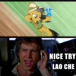 Size: 710x710 | Tagged: safe, derpibooru import, edit, edited screencap, screencap, daring do, pegasus, pony, read it and weep, archaeologist, caption, clothes, cute, daring dorable, daring sass, exploitable meme, female, funny, han solo, harrison ford, hat, headset, image, image macro, indiana jones, indiana jones and the temple of doom, jpeg, jungle opera, male, mare, meme, memeception, millenium falcon, misquotes, pith helmet, rope swinging, sapphire statue, shirt, sleeves rolled up, star wars, star wars: a new hope, text, triumphant, voice actor joke