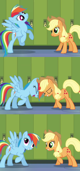 Size: 1000x2122 | Tagged: safe, derpibooru import, screencap, applejack, rainbow dash, earth pony, pegasus, pony, derp, female, friendship, headbutt, lockers, mare, video