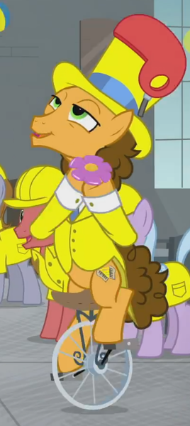 Size: 324x725 | Tagged: safe, derpibooru import, screencap, cheese sandwich, pony, the last laugh, cropped, hat, helmet, solo focus, top hat, unicycle