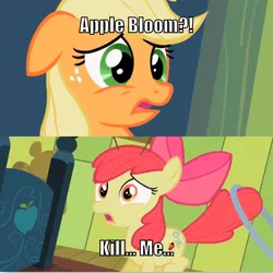 Size: 710x710 | Tagged: semi-grimdark, derpibooru import, edit, edited screencap, screencap, apple bloom, applejack, pony, the cutie pox, bed, cutie pox, female, filly, funny, loop-de-hoop, mare, meme, scared, spinning plates, tap dancing, three cutie marks, worried