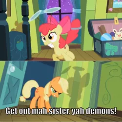 Size: 710x710 | Tagged: safe, derpibooru import, edit, edited screencap, screencap, apple bloom, applejack, pony, the cutie pox, bed, cutie pox, door, female, filly, funny, loop-de-hoop, mare, meme, night, shadow, spinning plates, tap dancing, three cutie marks, worried