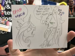 Size: 2048x1536 | Tagged: safe, artist:andypriceart, derpibooru import, princess cadance, queen chrysalis, alicorn, changeling, changeling queen, pony, andy you magnificent bastard, censored vulgarity, female, grawlixes, mare, monochrome, pencil drawing, smug, smug bug, traditional art